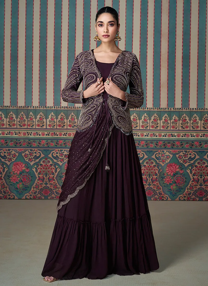 Deep Burgundy Embroidered Saree Gown with Jacket