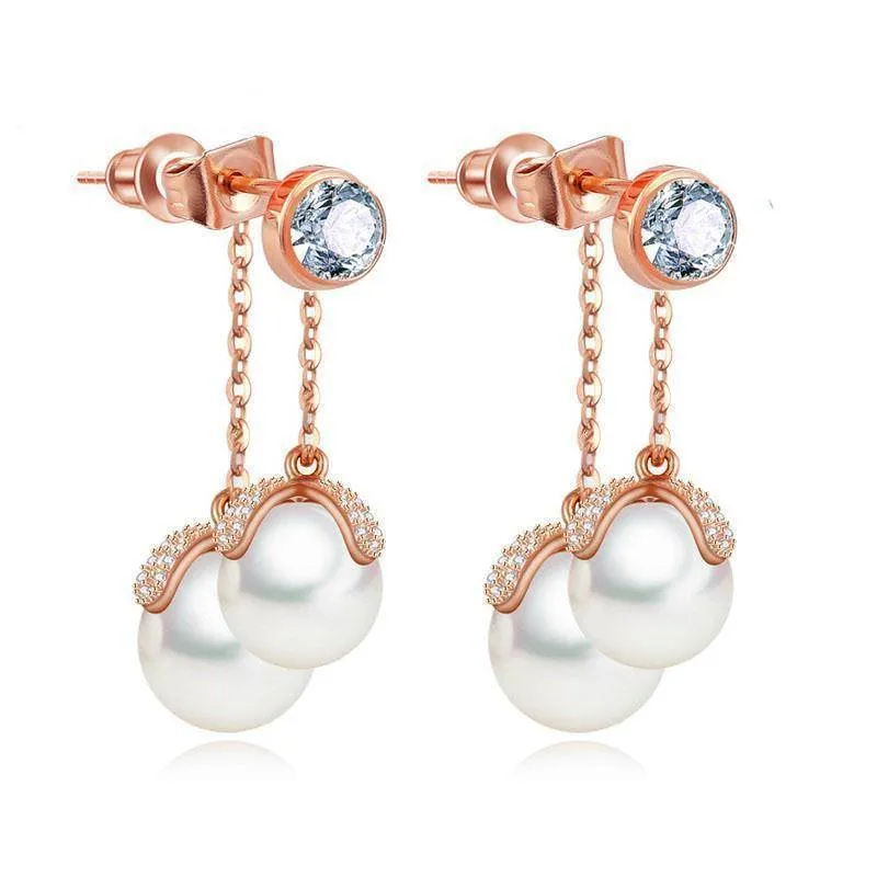 Double Pearls Crystal Drop jacket Earrings