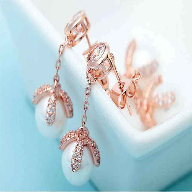 Double Pearls Crystal Drop jacket Earrings