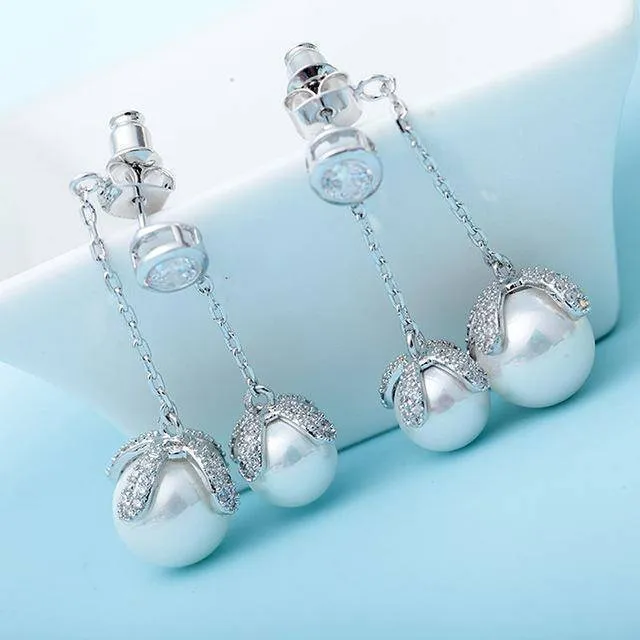 Double Pearls Crystal Drop jacket Earrings