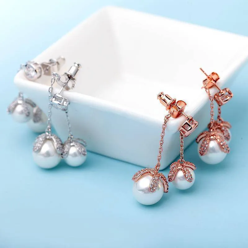 Double Pearls Crystal Drop jacket Earrings