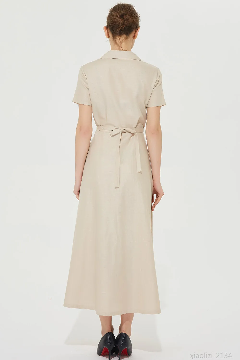 elegant beige linen dress, long wrap dress 2134#