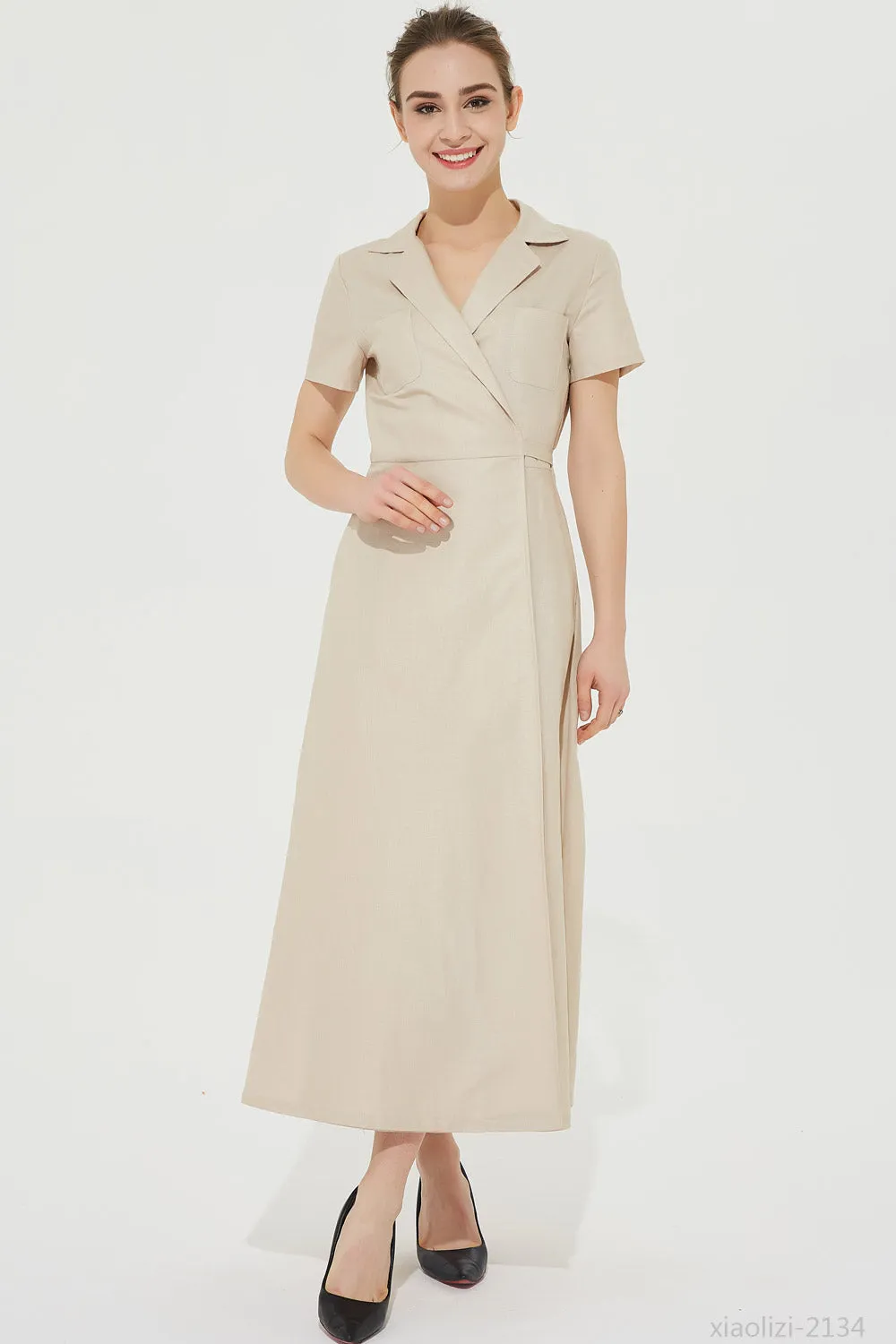 elegant beige linen dress, long wrap dress 2134#