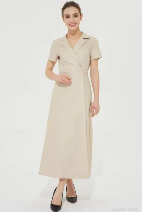 elegant beige linen dress, long wrap dress 2134#