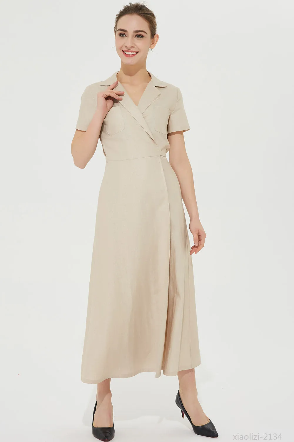 elegant beige linen dress, long wrap dress 2134#