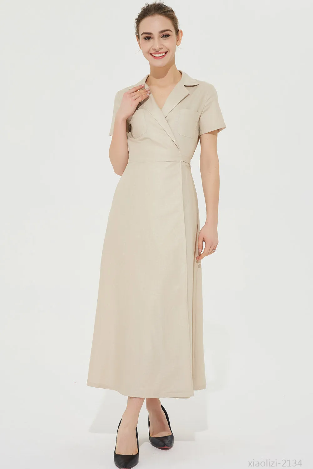 elegant beige linen dress, long wrap dress 2134#