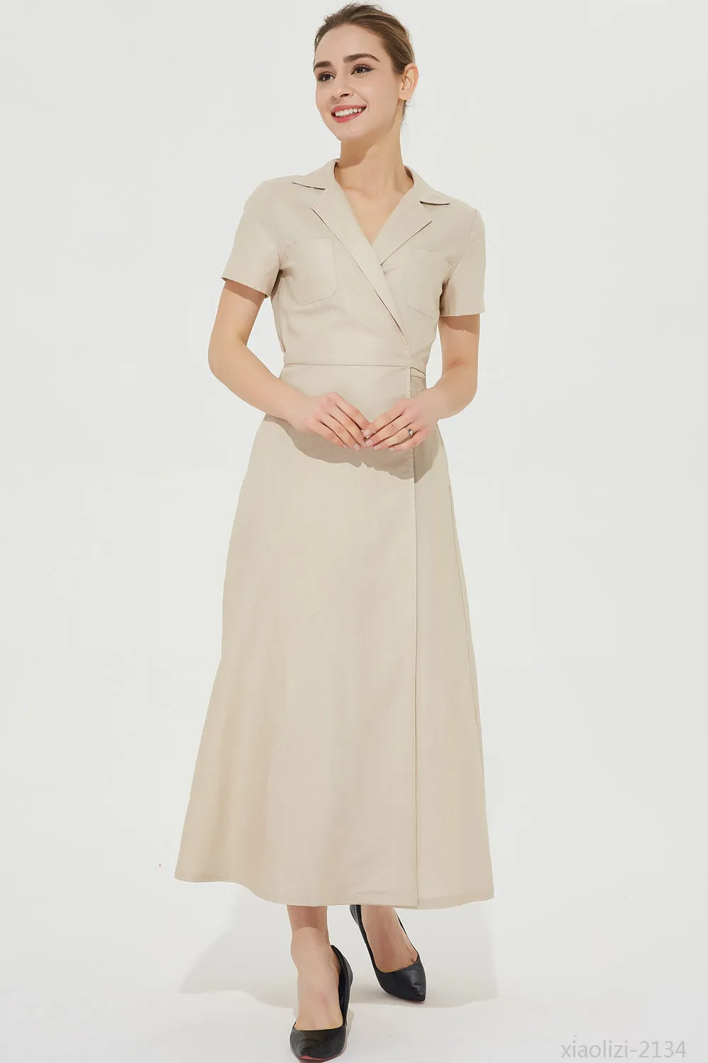 elegant beige linen dress, long wrap dress 2134#