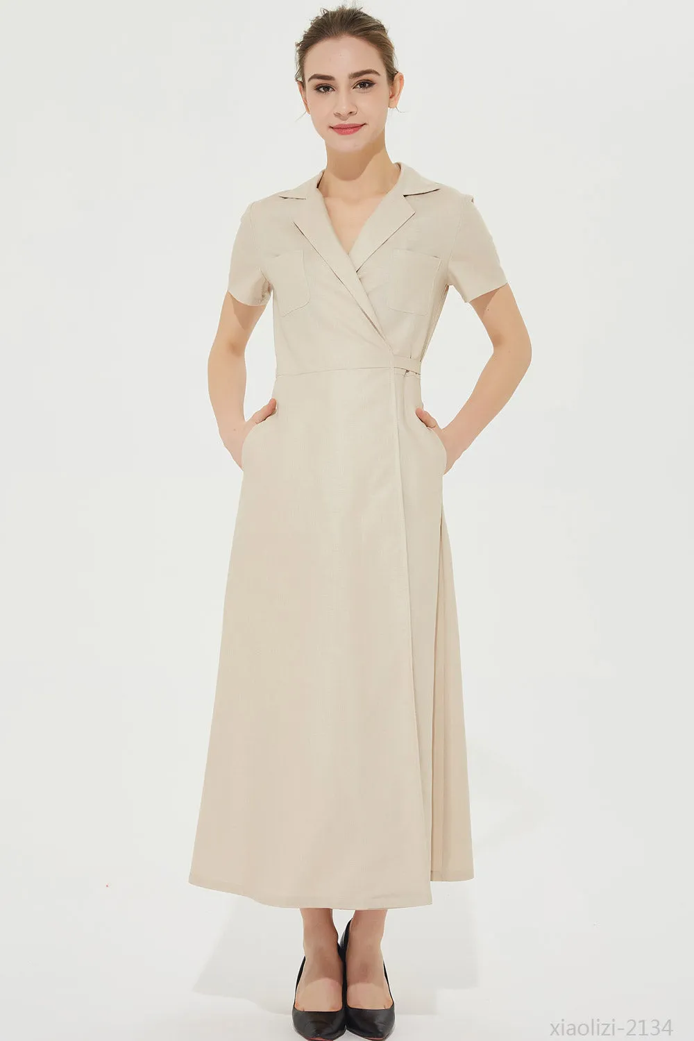 elegant beige linen dress, long wrap dress 2134#