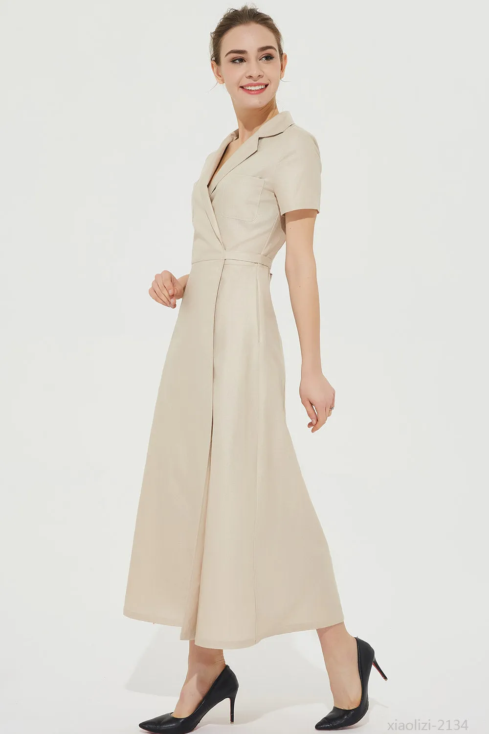 elegant beige linen dress, long wrap dress 2134#