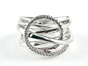 Elegant Multi Layer Crossover With Center CZ Circle Swirl Design Silver Ring