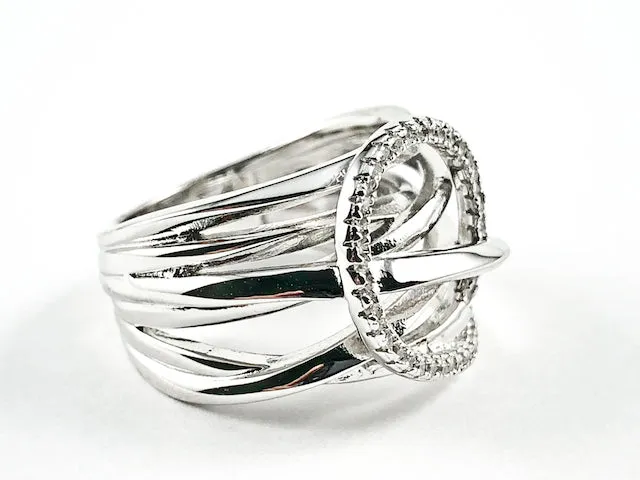 Elegant Multi Layer Crossover With Center CZ Circle Swirl Design Silver Ring