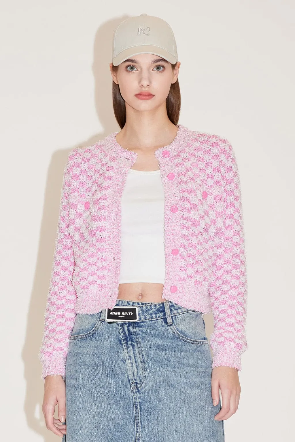 Elegant Round Neck Plaid Knitted Jacket