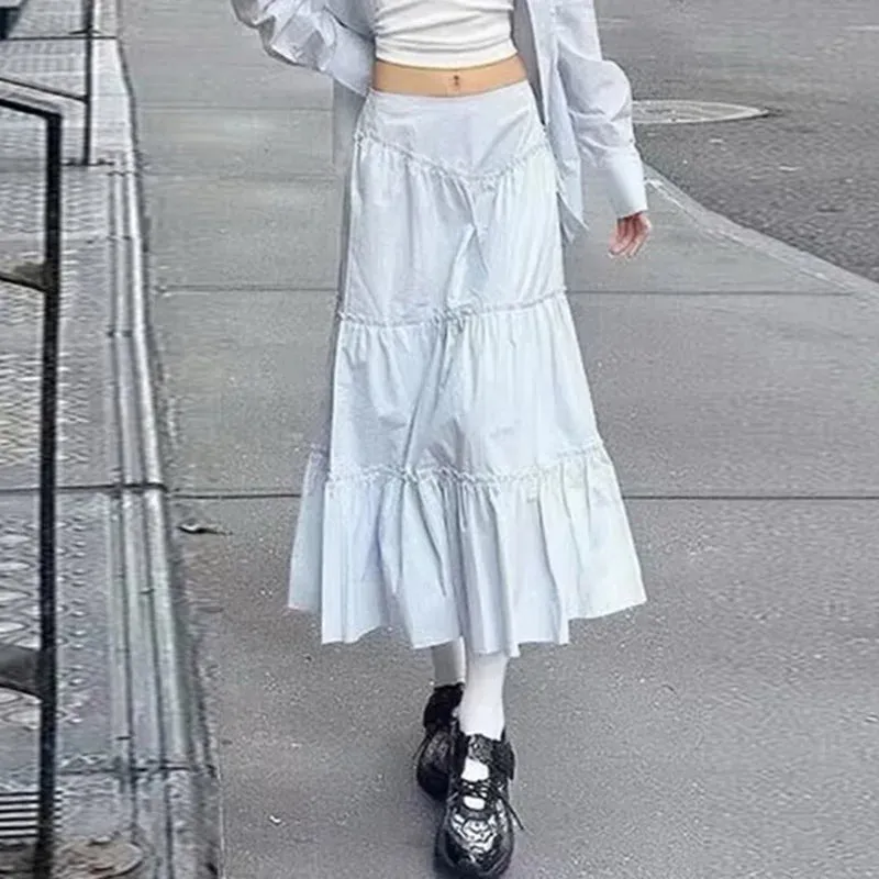 Fashion Boho White Fold Maxi Skirt A-Line Loose Korean Fashion Holidays Ruched Women Long Skirts French Chic Outfits