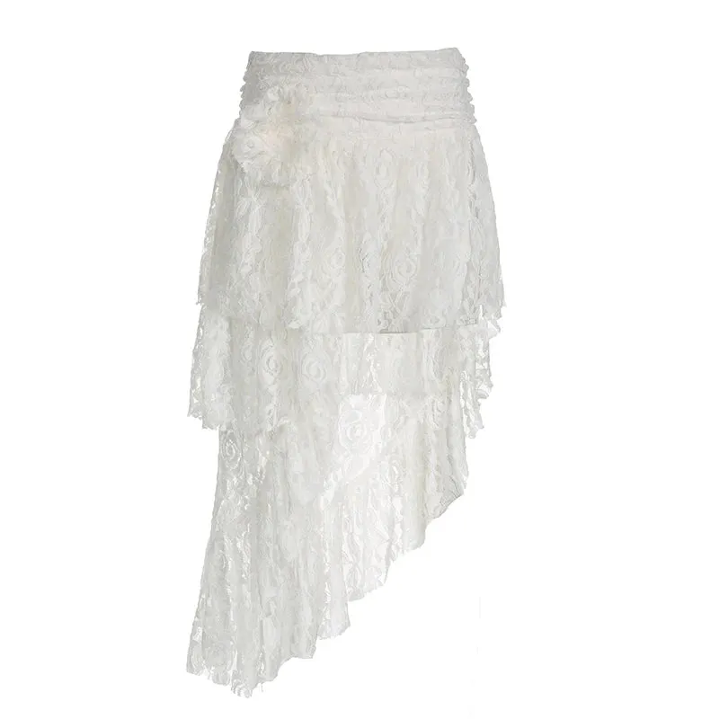 Fashion Design White Summer Lace Skirt Female Asymmetrical Romantic Ruffles Short Skirts Flower Fold Party Retro