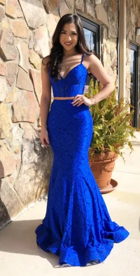 Fashion Fitted Royal Blue High Quality French Lace Two Piece Prom Dress