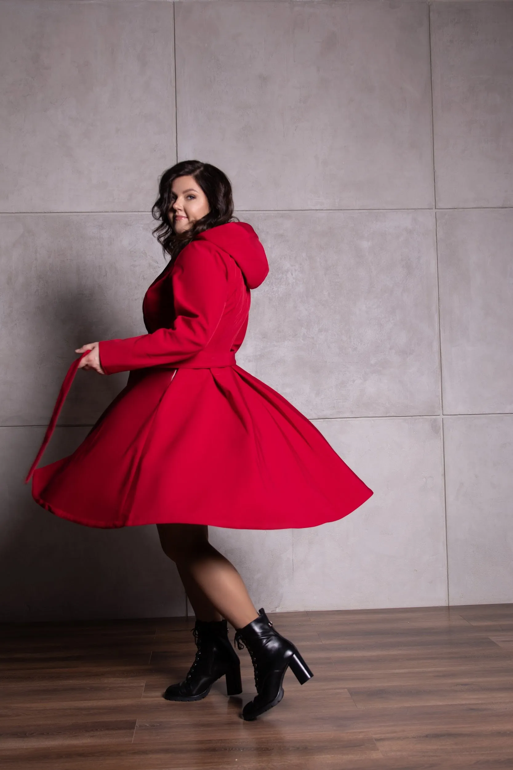 Fitted and Flared Coat with Pleated Back in Deep Red | 'Scarlet Red'