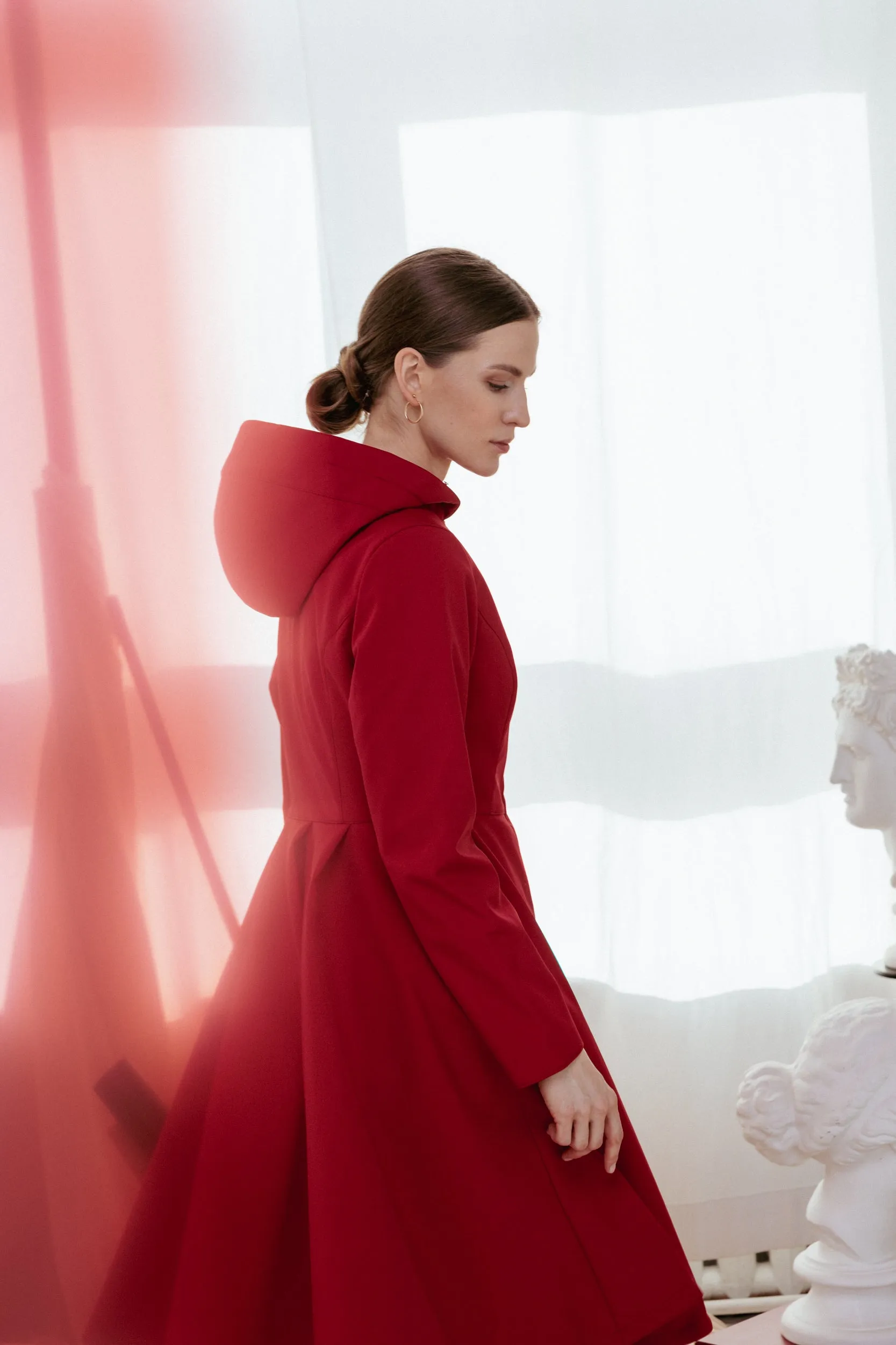 Fitted and Flared Coat with Pleated Back in Deep Red | 'Scarlet Red'