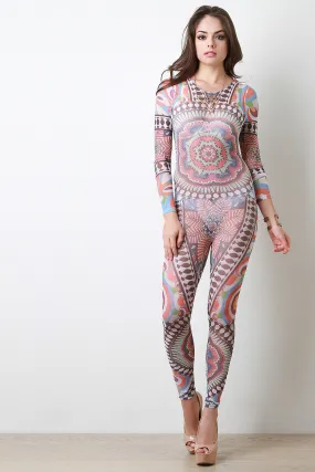 Floral Medallion Semi-Sheer Mesh Jumpsuit