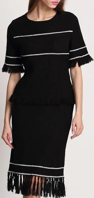 Fringed Knit Cashmere & Wool Blend Top & Skirt Set - White or Black