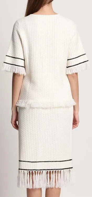 Fringed Knit Cashmere & Wool Blend Top & Skirt Set - White or Black