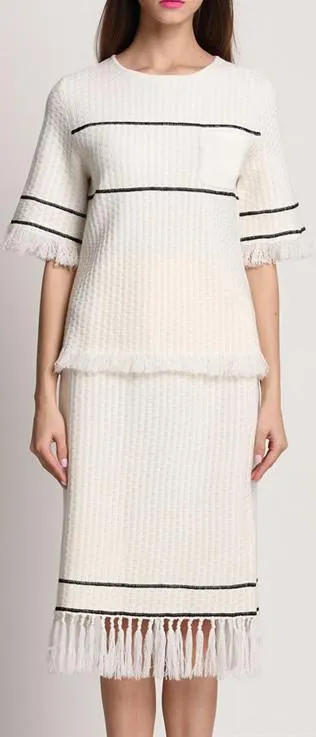 Fringed Knit Cashmere & Wool Blend Top & Skirt Set - White or Black