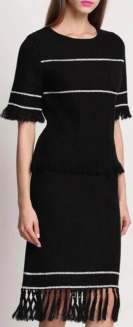 Fringed Knit Cashmere & Wool Blend Top & Skirt Set - White or Black