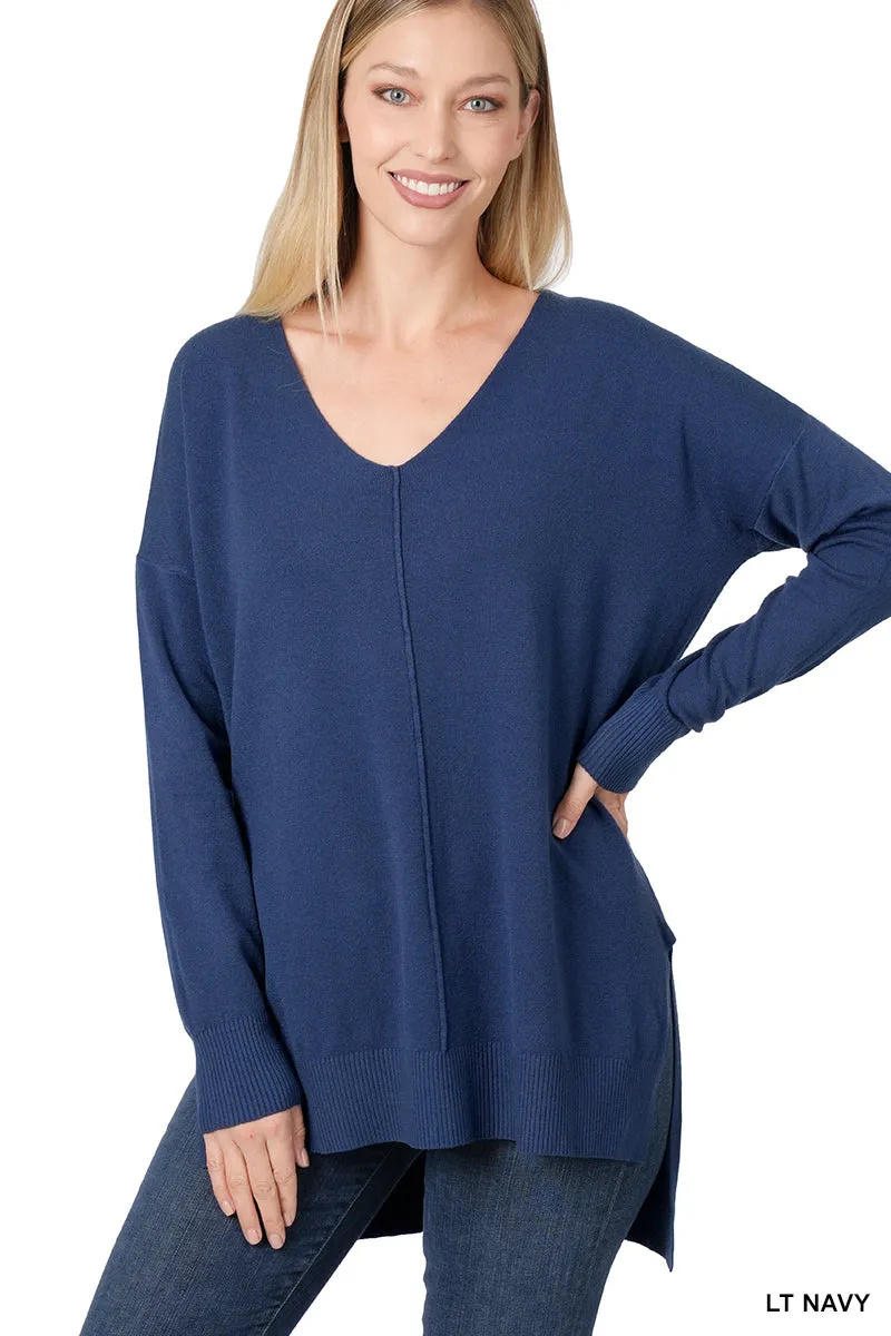 Front Seam V-Neck Sweater by Zenana