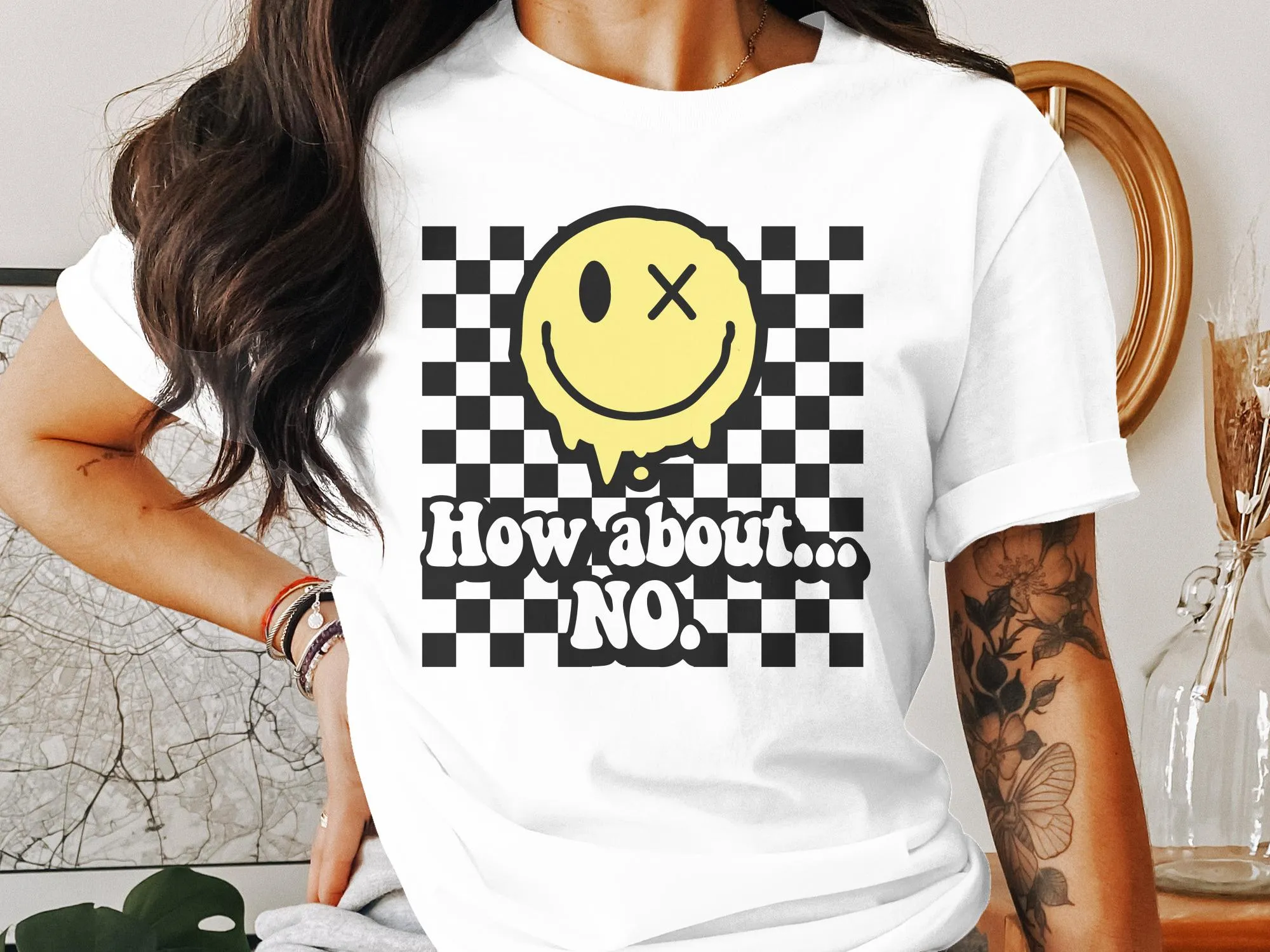 Funny Quote T-Shirt with Smiley Face, How About No, Casual Graphic Tee, Unisex Shirt for Men and Women, Trendy Slogan Top