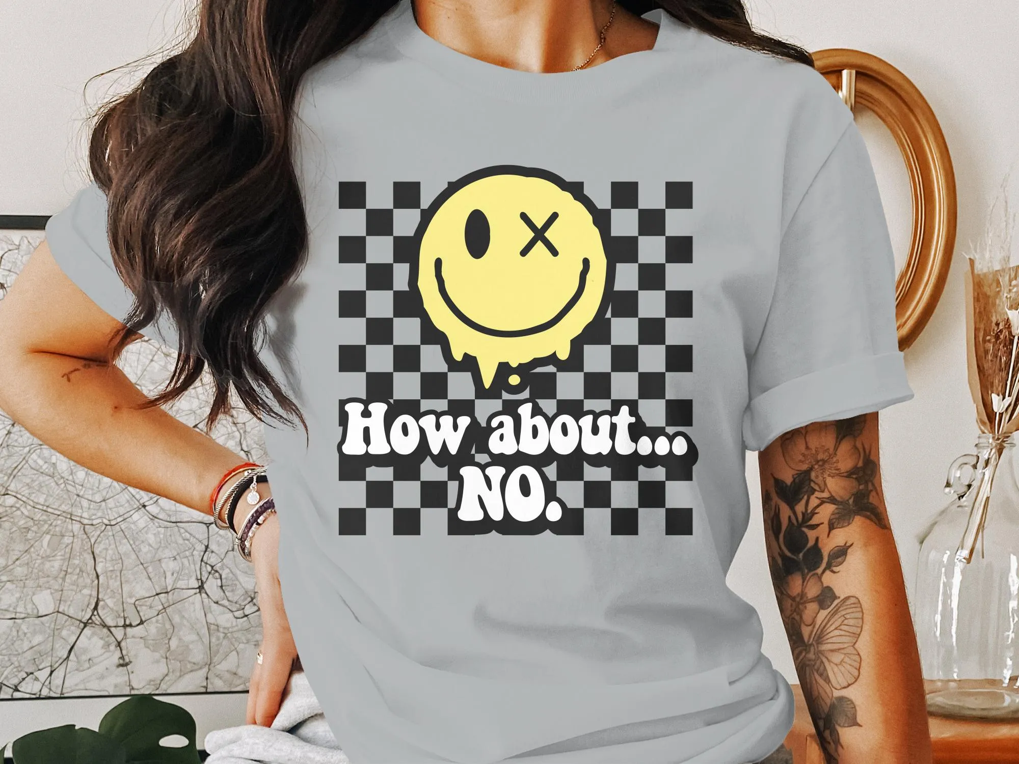 Funny Quote T-Shirt with Smiley Face, How About No, Casual Graphic Tee, Unisex Shirt for Men and Women, Trendy Slogan Top