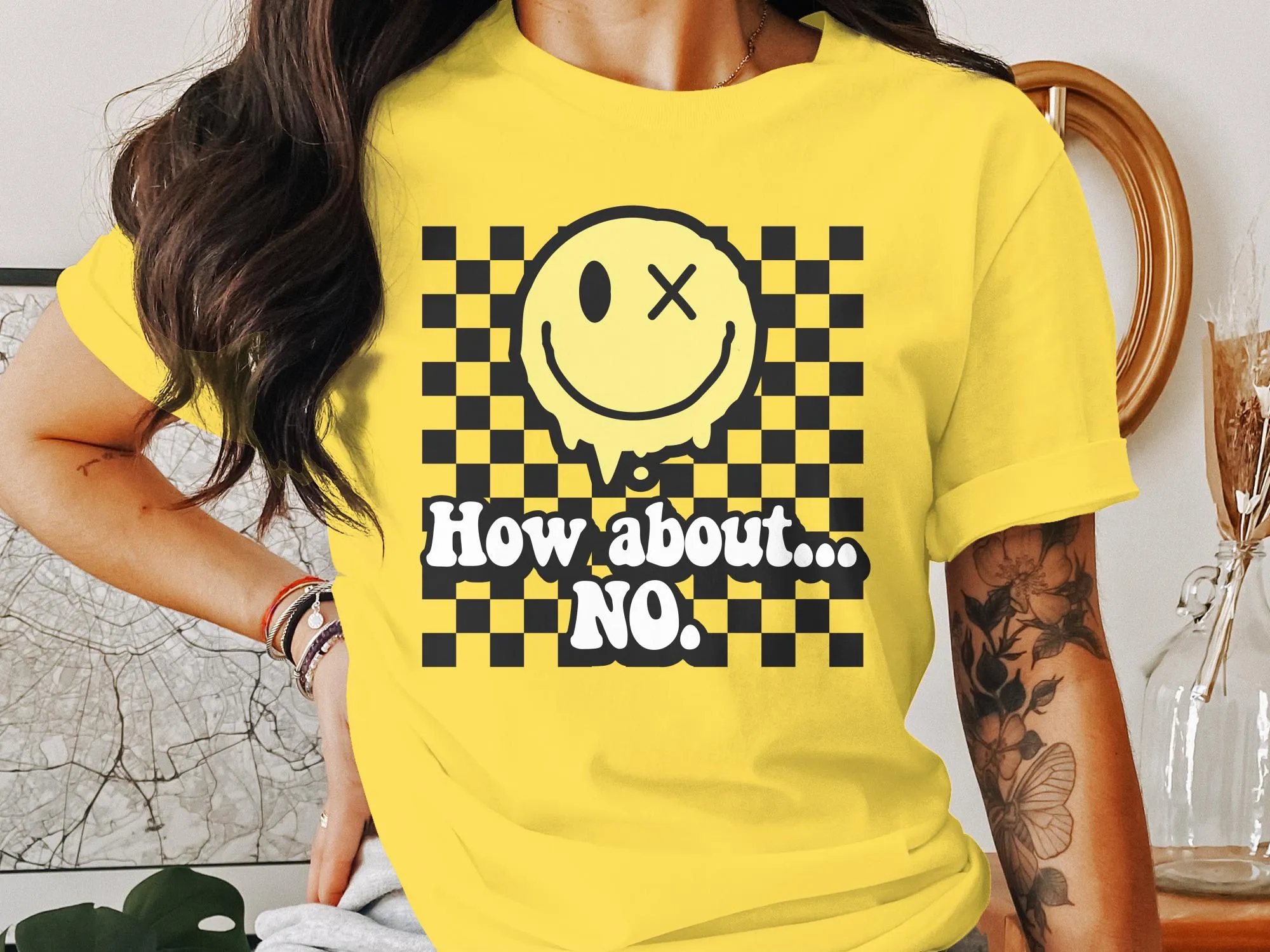 Funny Quote T-Shirt with Smiley Face, How About No, Casual Graphic Tee, Unisex Shirt for Men and Women, Trendy Slogan Top