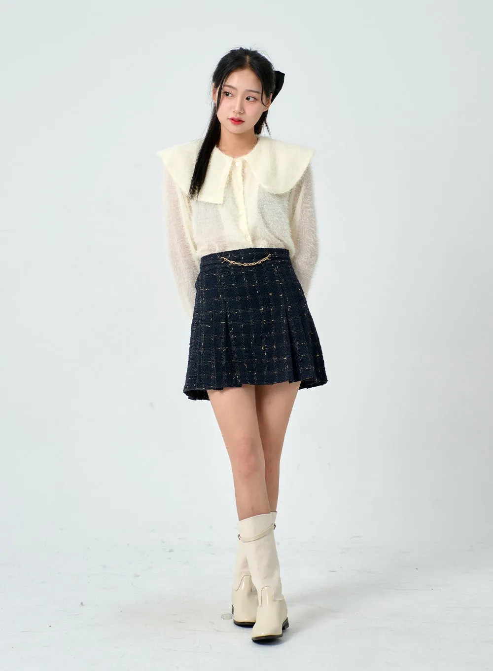 Golden Chain Pleated Plaid Mini Skirt BD01