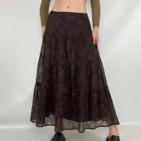 Grunge Fairycore Brown Mesh Skirt Long Fold Y2K Aesthetic Vintage A-Line Maxi Skirt Female Double Layer Chic Boho