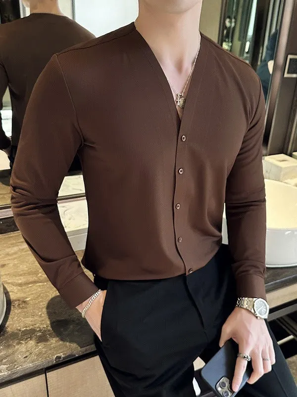 High-Texture Waffle V-neck Long Sleeve Shirt for Men