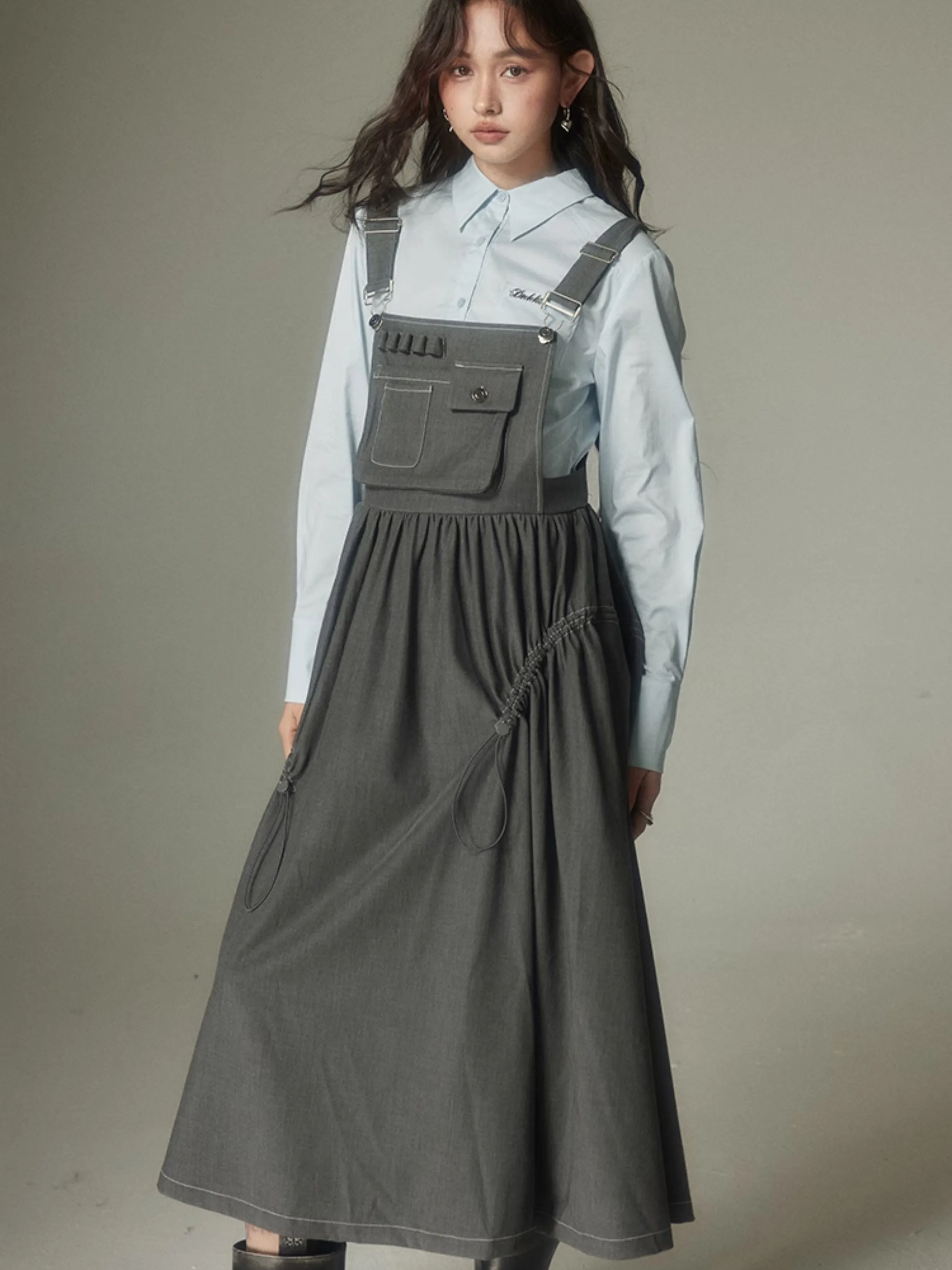 High Waist Gather Suspender Skirt