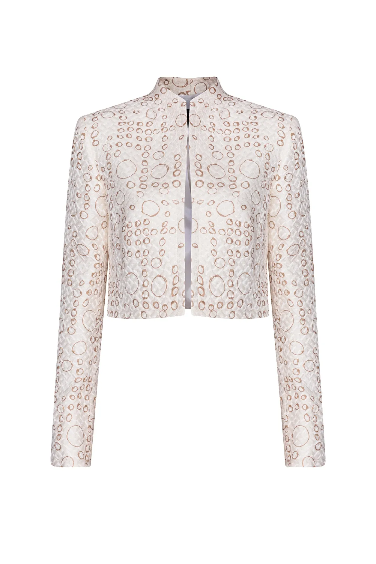 Ivory/Coffee Printed Short Jacket in Silk/Wool Matelassé - Hermione