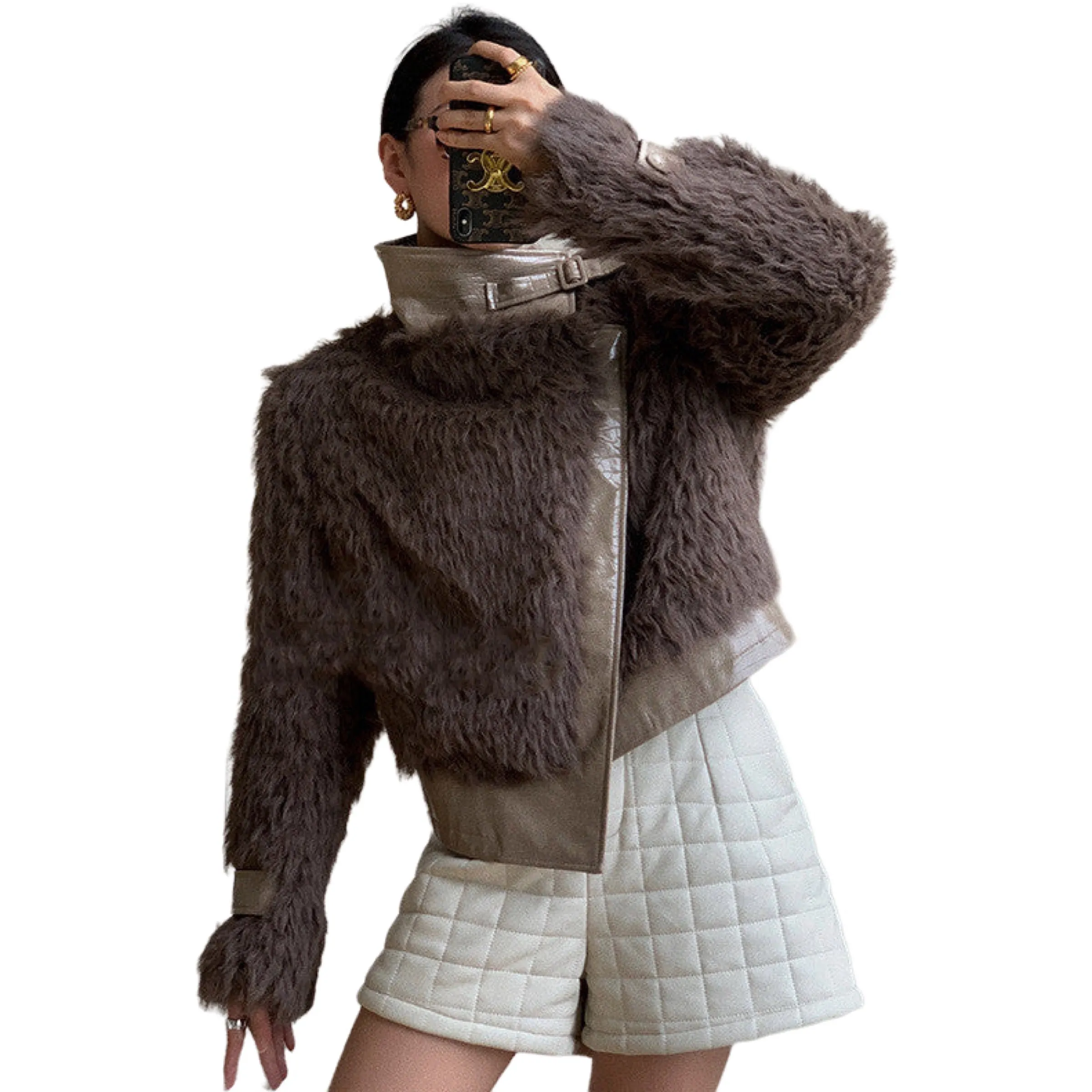 Jackie Elegant Faux Fur Asymmetrical Jacket Gold Buckle in Coffee / Milky White One Size