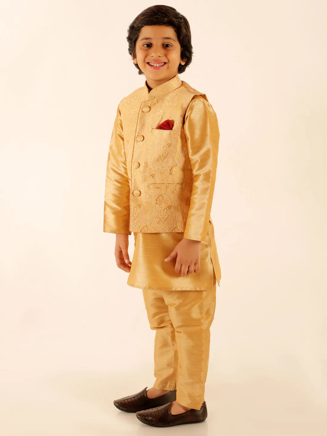 Jashvi Boys Rose Gold Silk Blend Jacket With Kurta Pyjama Set