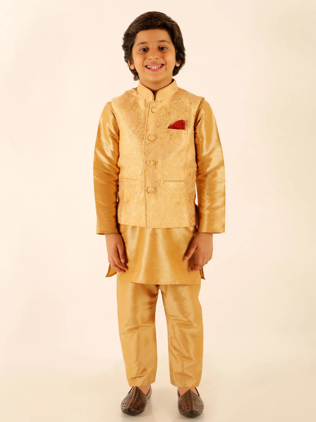 Jashvi Boys Rose Gold Silk Blend Jacket With Kurta Pyjama Set