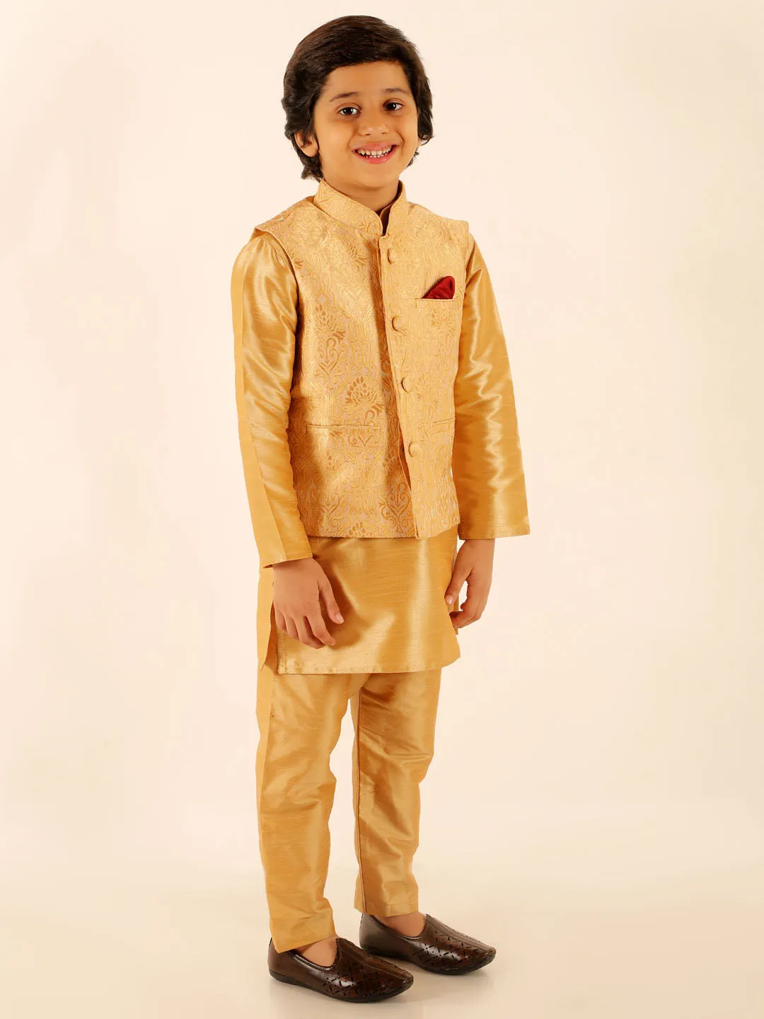 Jashvi Boys Rose Gold Silk Blend Jacket With Kurta Pyjama Set