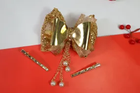 Kamule Christmas Theme Detailed Glittery Pearl attached Bow with Designer Pins Pack of 3 - Golden