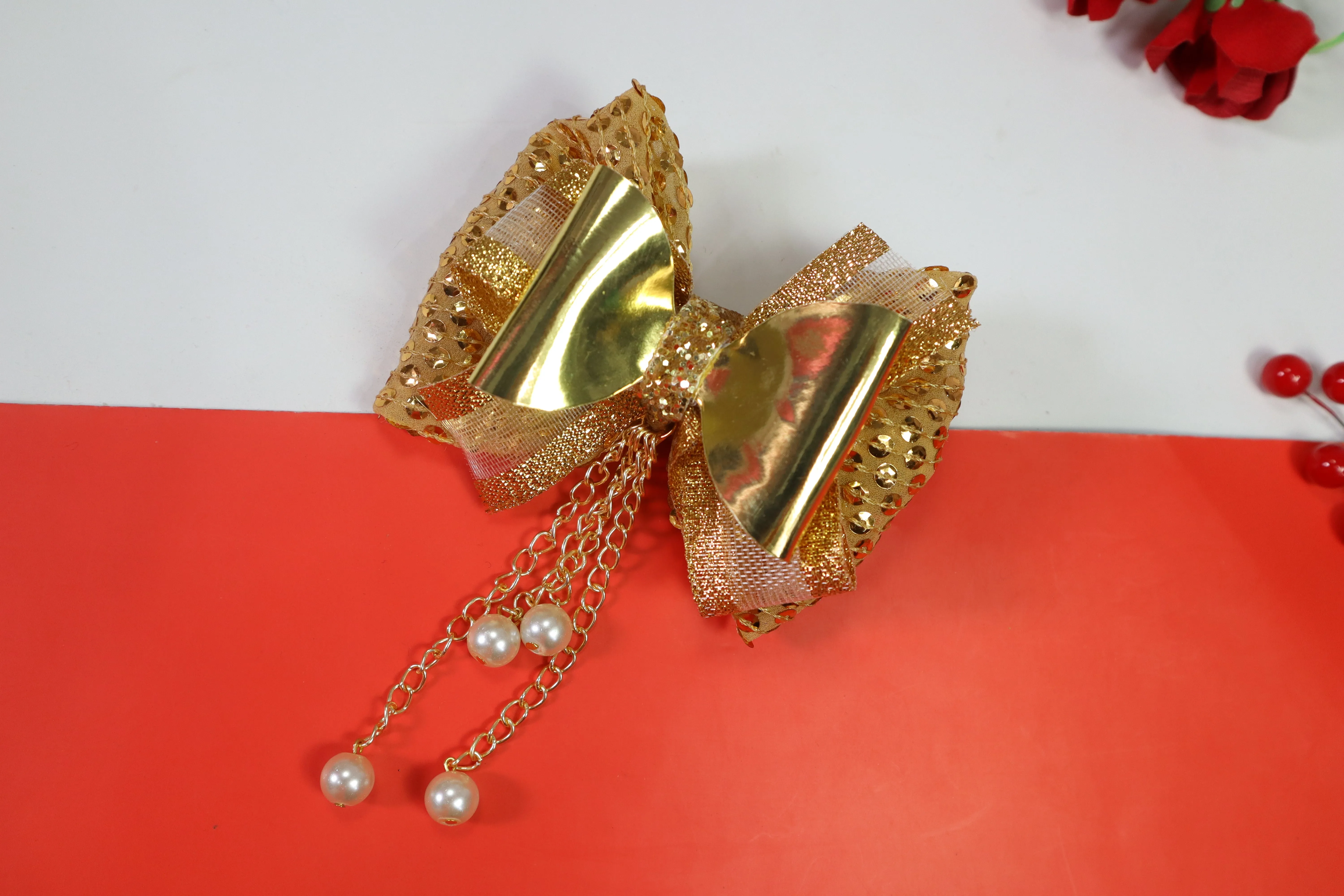 Kamule Christmas Theme Detailed Glittery Pearl attached Bow with Designer Pins Pack of 3 - Golden