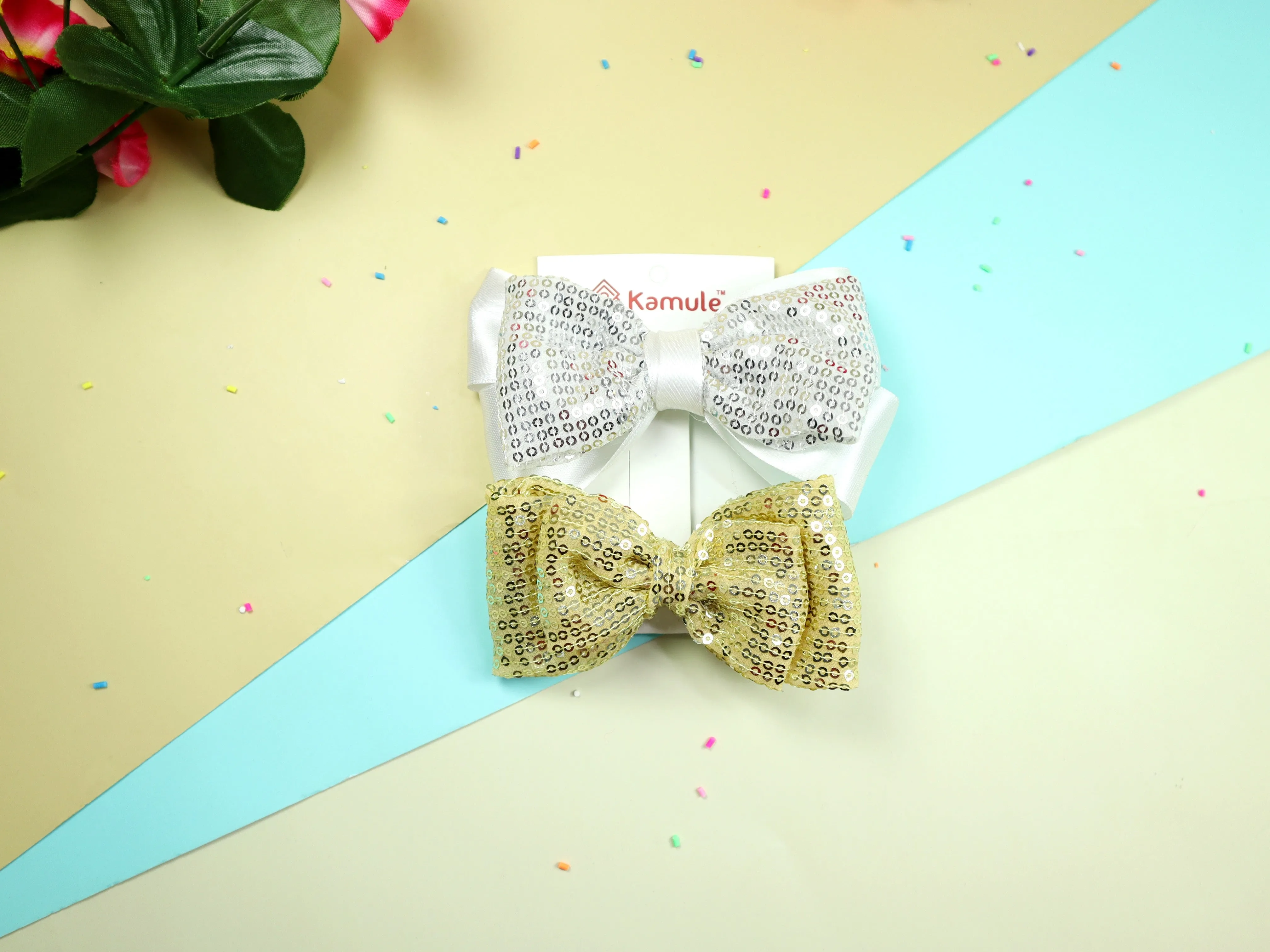 Kamule Sparkly Sequin Fabric Detailed Bow Set of 2 - White and Golden