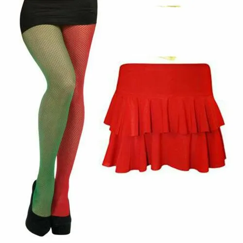 Ladies Christmas Red Green Elf Fishnet Tights Rara Skirt Xmas Fancy Dress