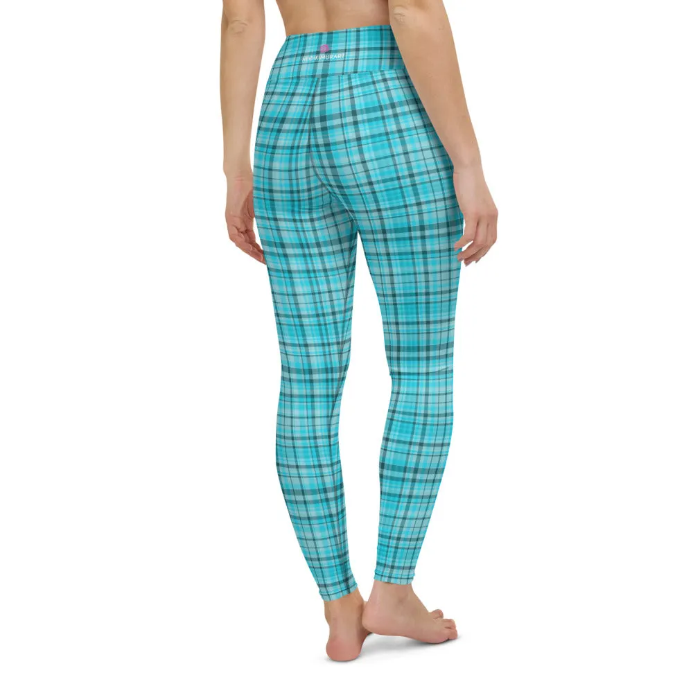 Light Blue Plaid Yoga Leggings, Scottish Style Tartan Print Women's Long Tights-Made in USA/EU/MX