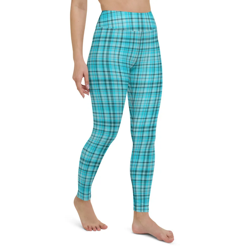 Light Blue Plaid Yoga Leggings, Scottish Style Tartan Print Women's Long Tights-Made in USA/EU/MX