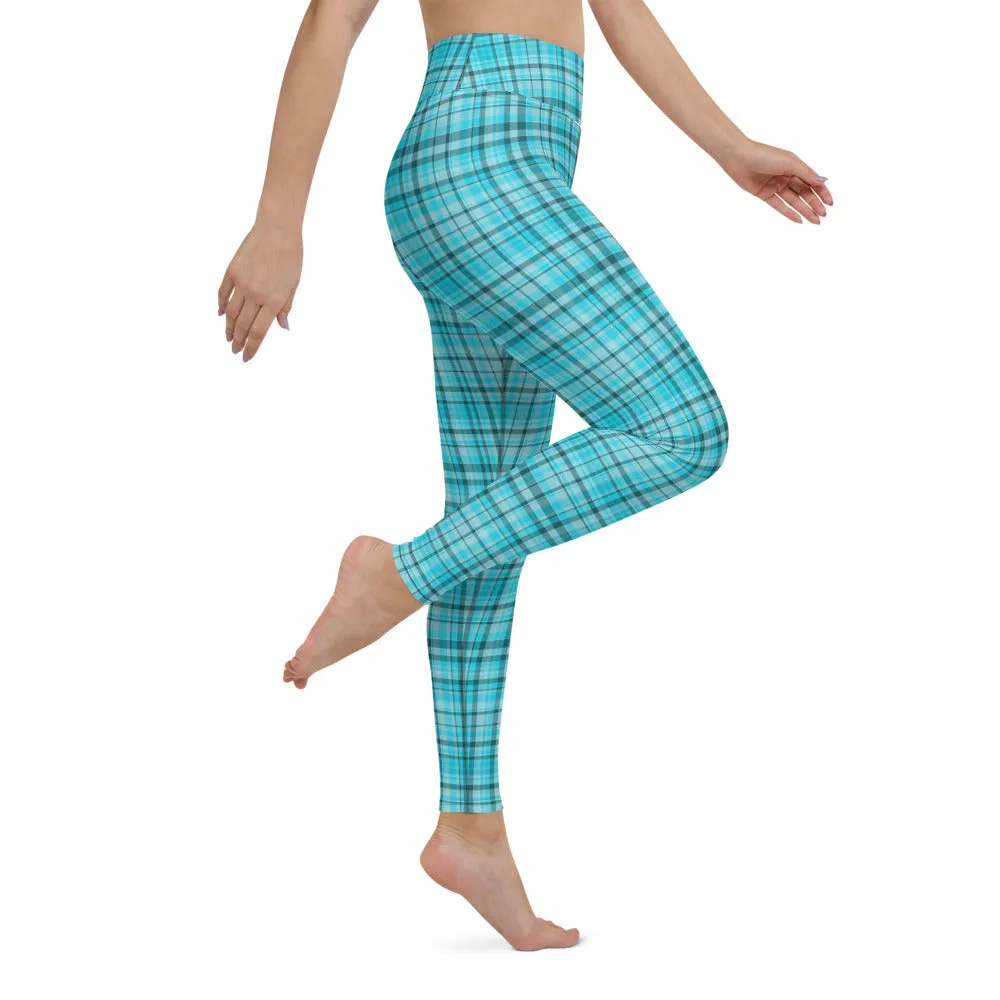 Light Blue Plaid Yoga Leggings, Scottish Style Tartan Print Women's Long Tights-Made in USA/EU/MX