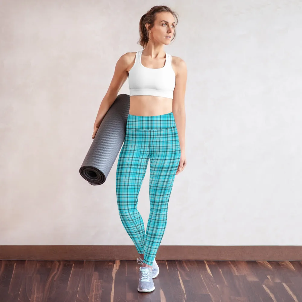 Light Blue Plaid Yoga Leggings, Scottish Style Tartan Print Women's Long Tights-Made in USA/EU/MX