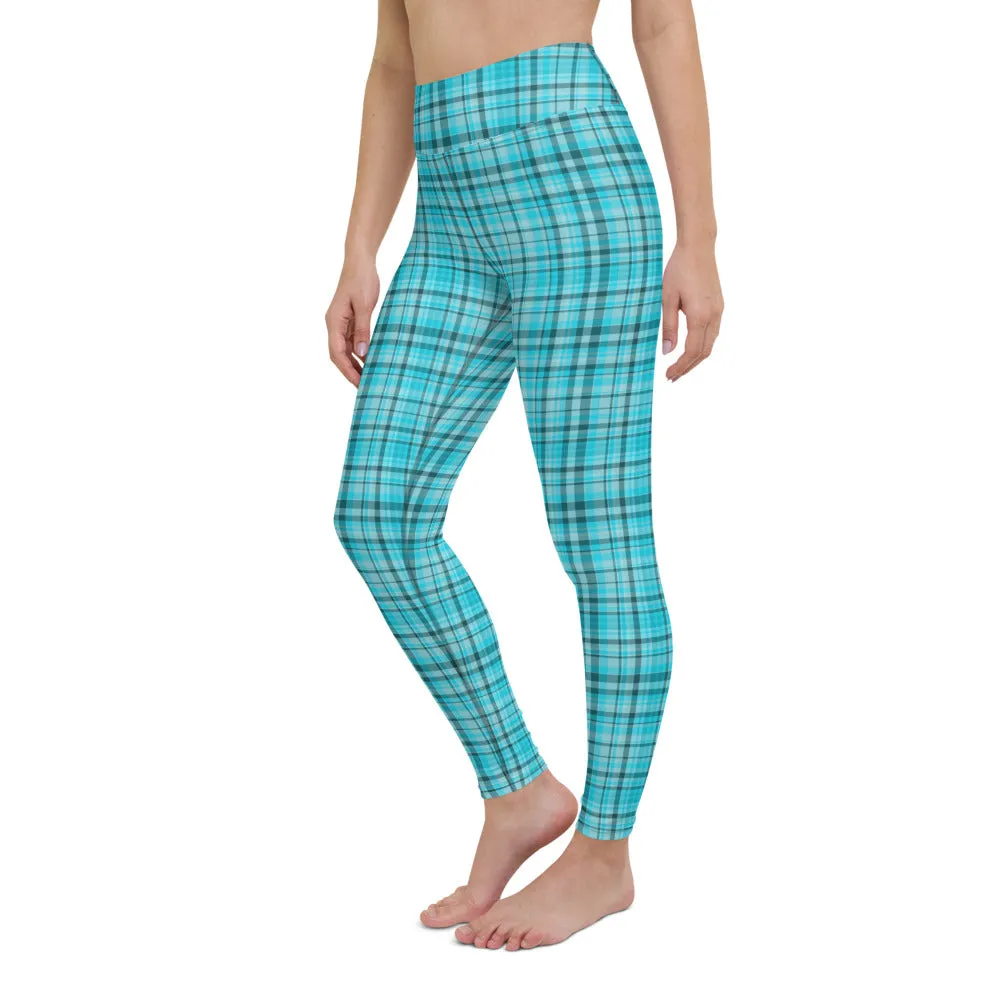 Light Blue Plaid Yoga Leggings, Scottish Style Tartan Print Women's Long Tights-Made in USA/EU/MX