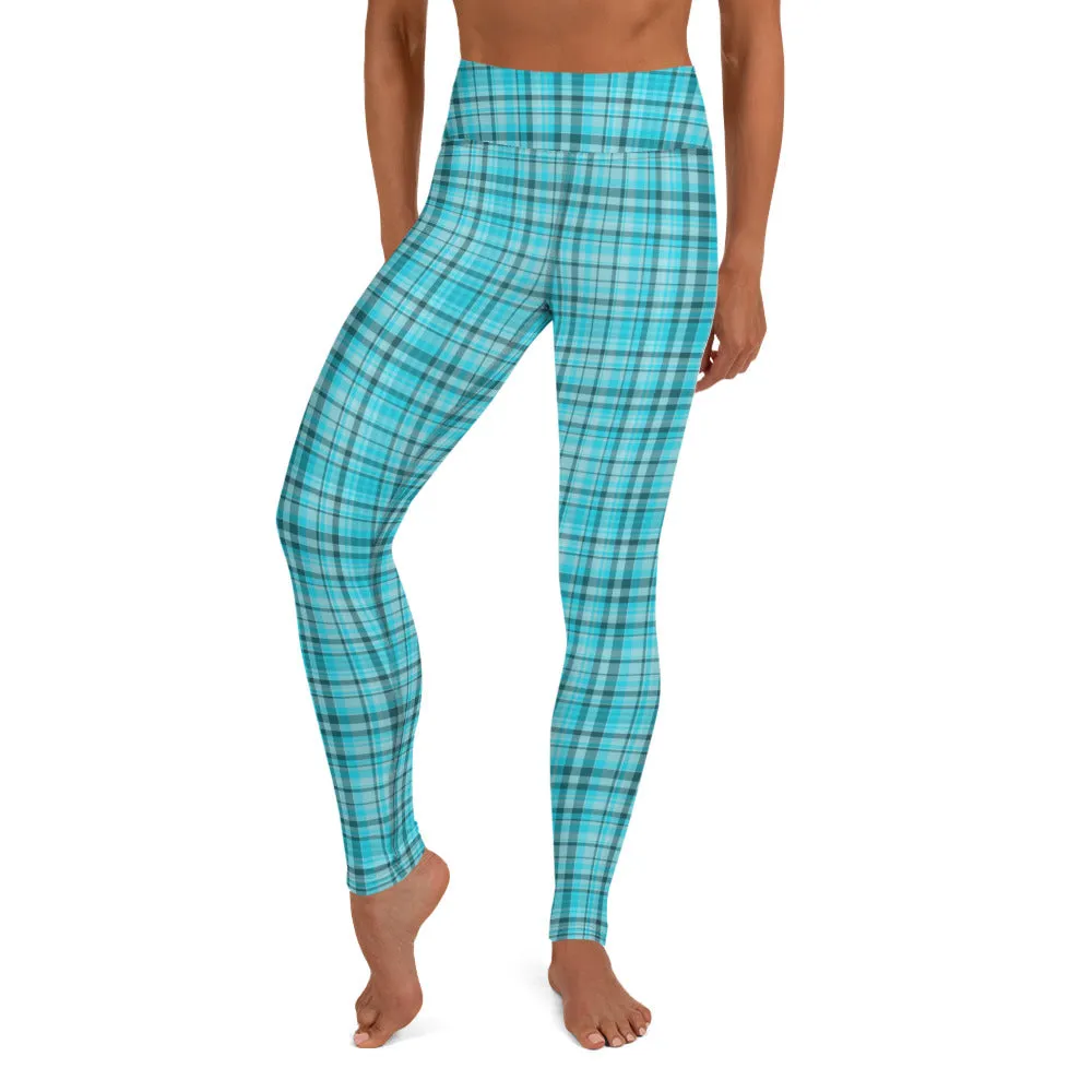 Light Blue Plaid Yoga Leggings, Scottish Style Tartan Print Women's Long Tights-Made in USA/EU/MX