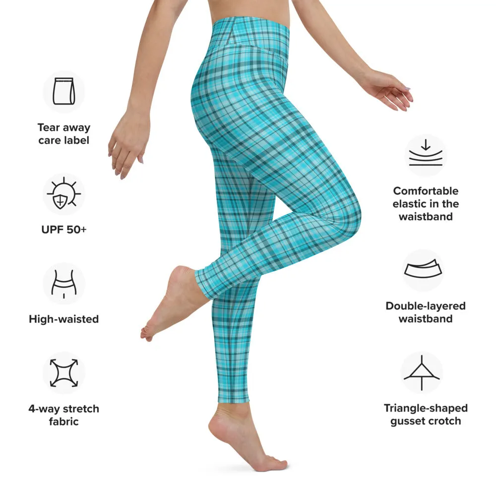 Light Blue Plaid Yoga Leggings, Scottish Style Tartan Print Women's Long Tights-Made in USA/EU/MX